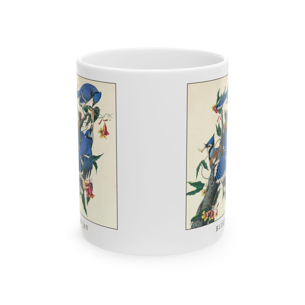 Blue Jay vintage bird mug, 11oz white, front view showing both sides of the print