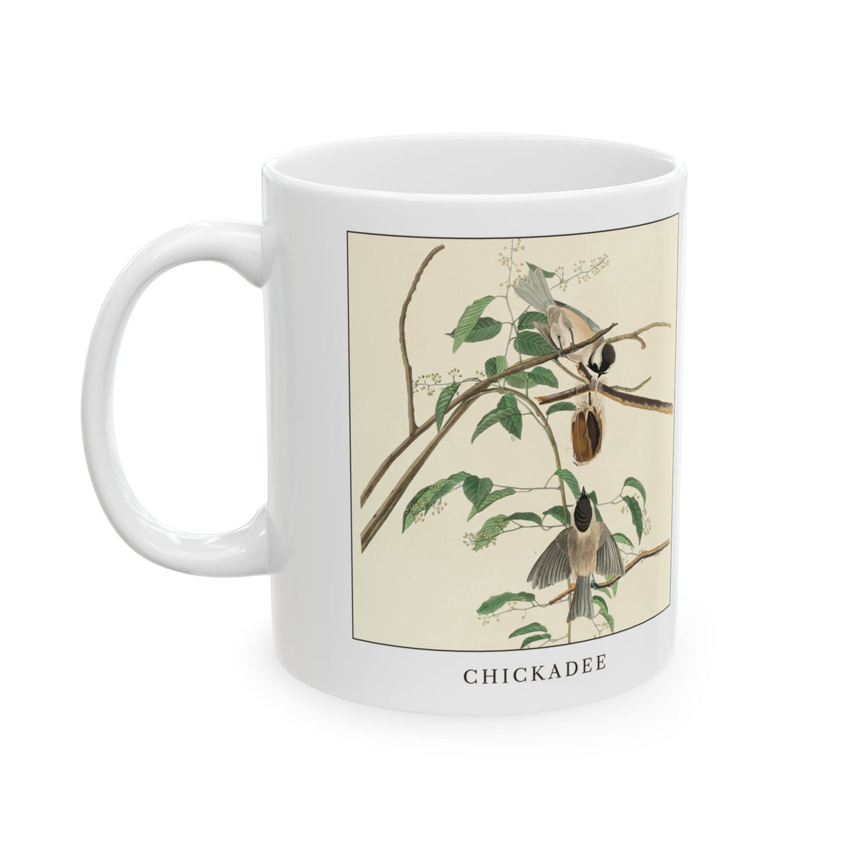 Chickadee vintage bird mug, 11oz white, left side view with the handle on the left