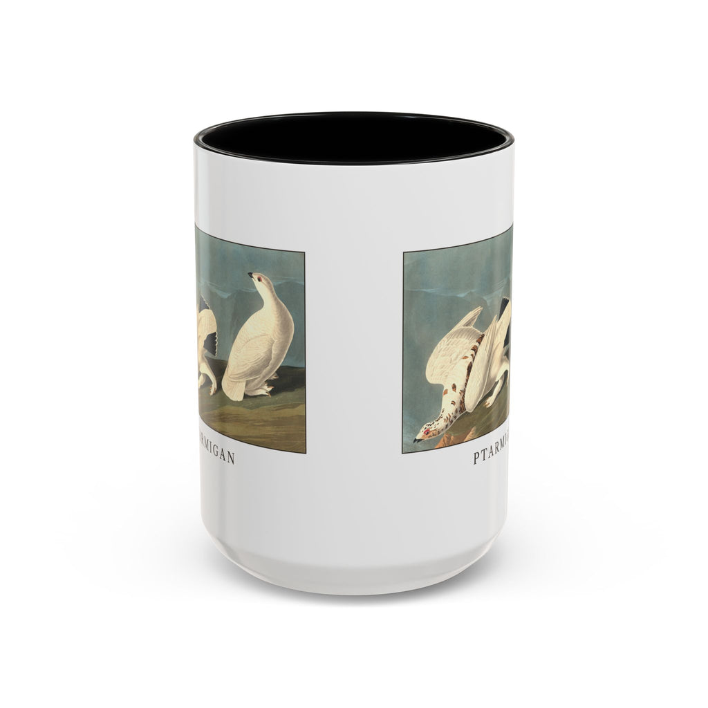 Ptarmigan vintage bird mug, 15oz white with black inside and handle, front view showing both sides of the print