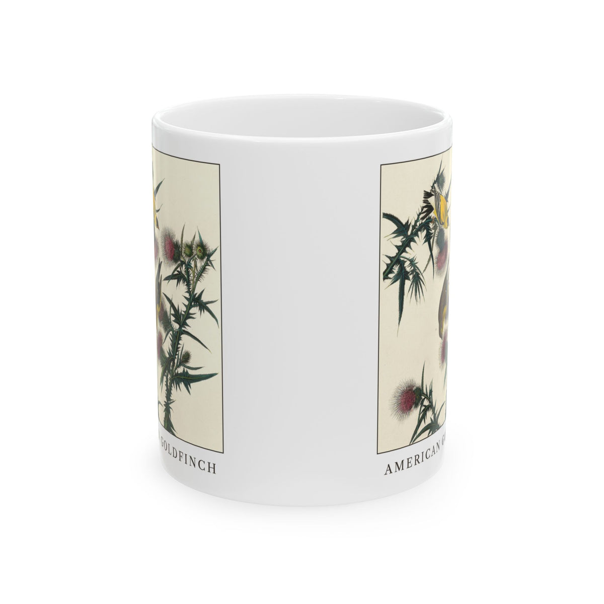 American Goldfinch vintage bird mug, 11oz white, front view showing both sides of the print