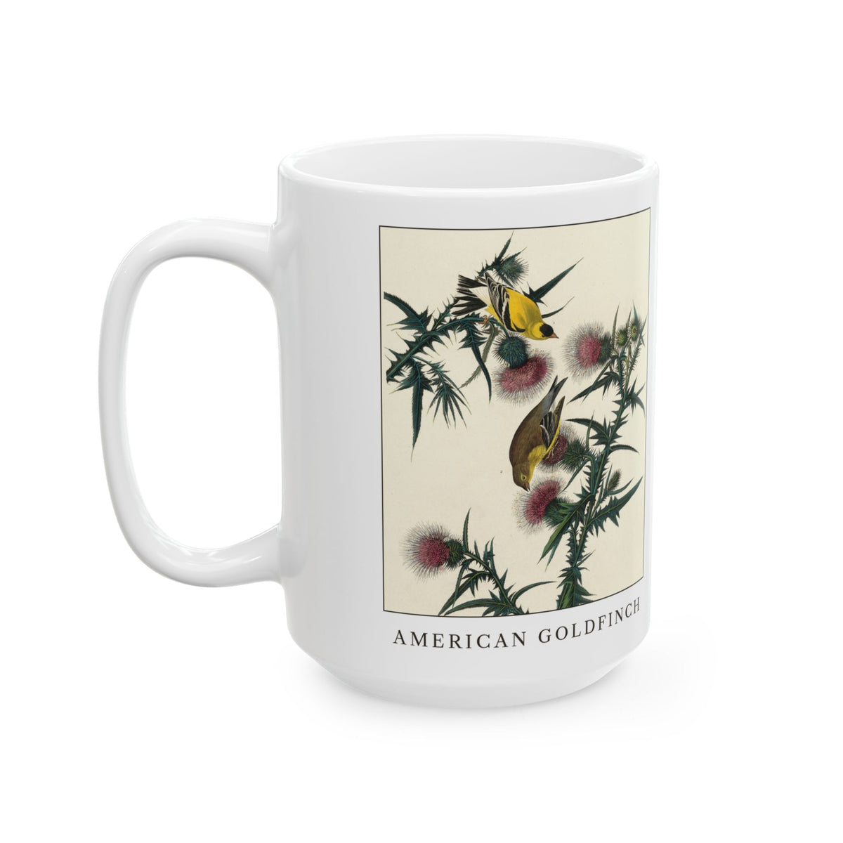 American Goldfinch vintage bird mug, 15oz white, left side view with the handle on the left