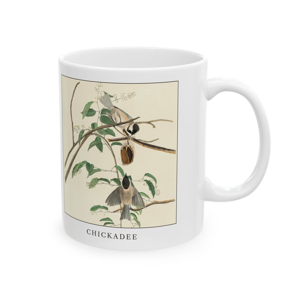 Chickadee vintage bird mug, 11oz white, right side view with the handle on the right