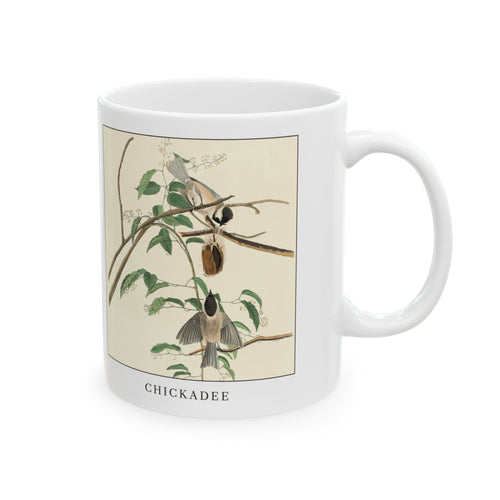 Chickadee vintage bird mug, 11oz white, right side view with the handle on the right