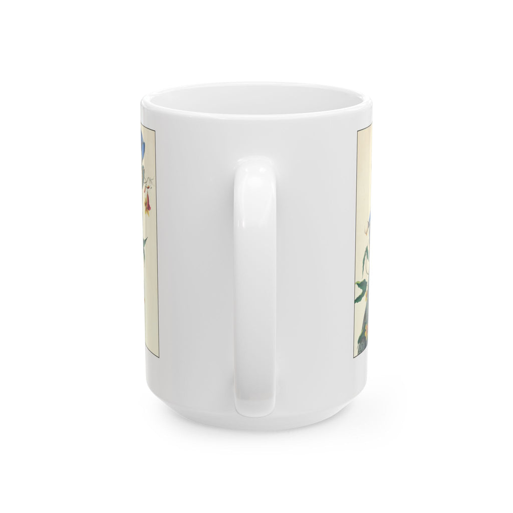 Blue Jay vintage bird mug, 15oz white, handle side view