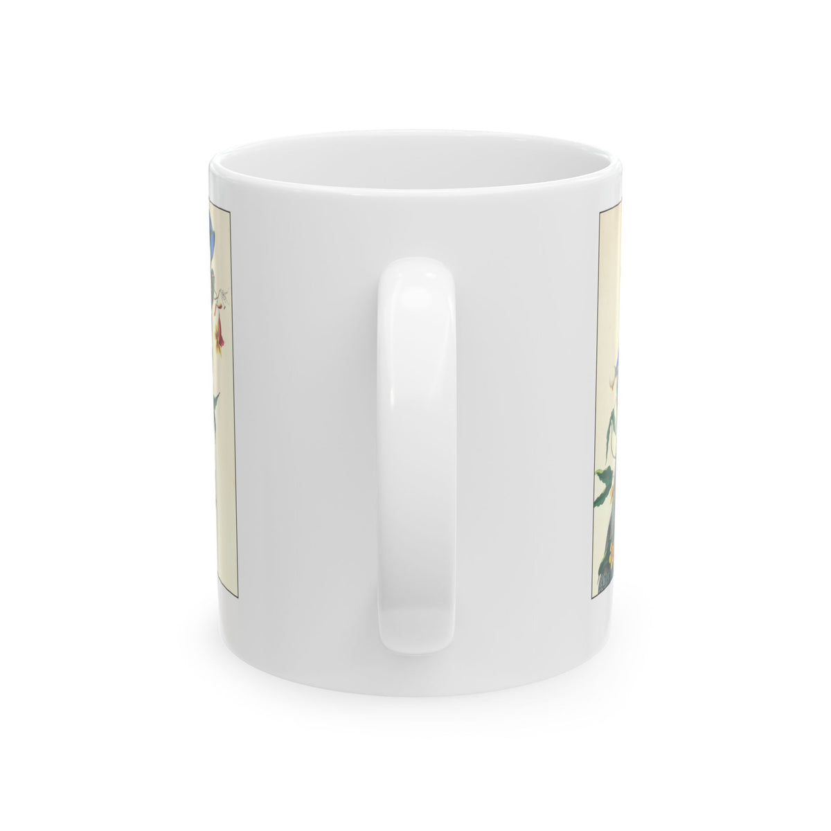 Blue Jay vintage bird mug, 11oz white, handle side view