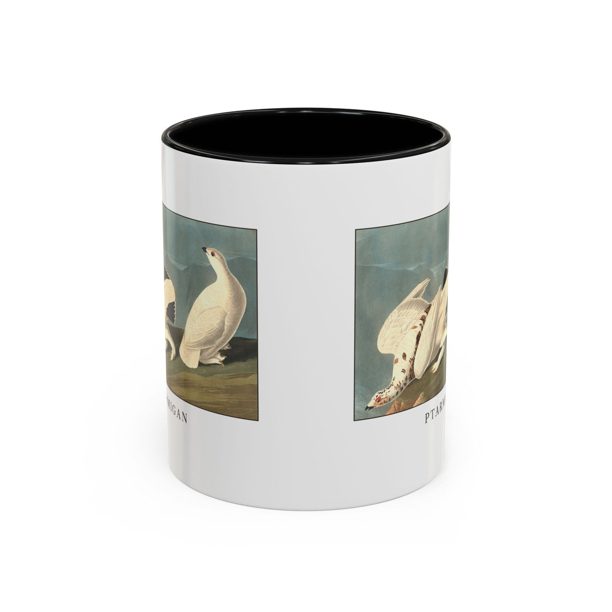 Ptarmigan vintage bird mug, 11oz white with black inside and handle, front view showing both sides of the print