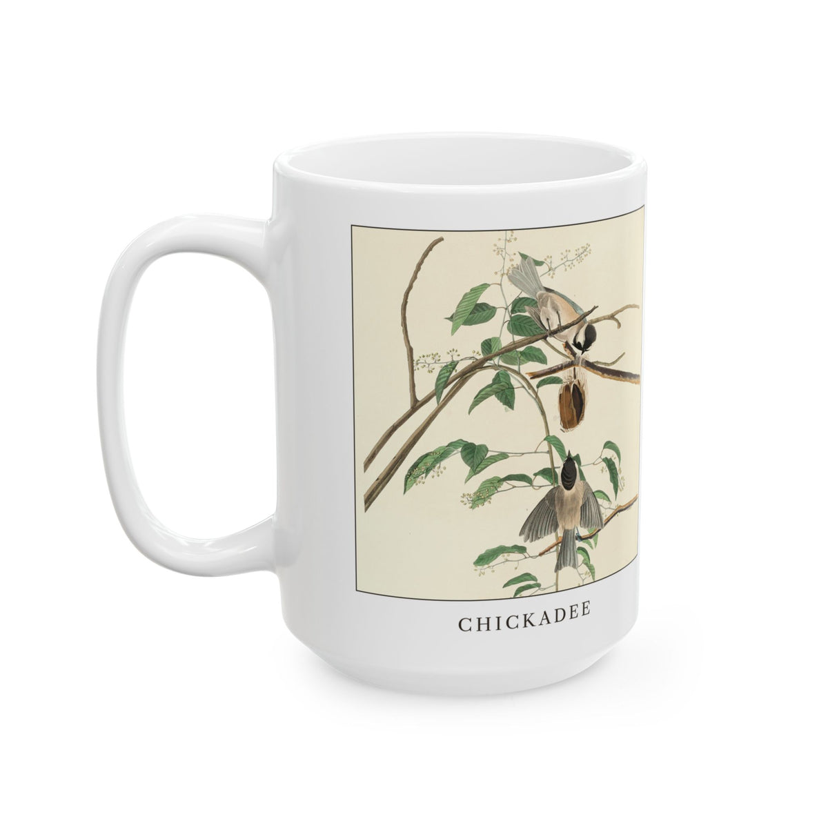 Chickadee vintage bird mug, 15oz white, left side view with the handle on the left
