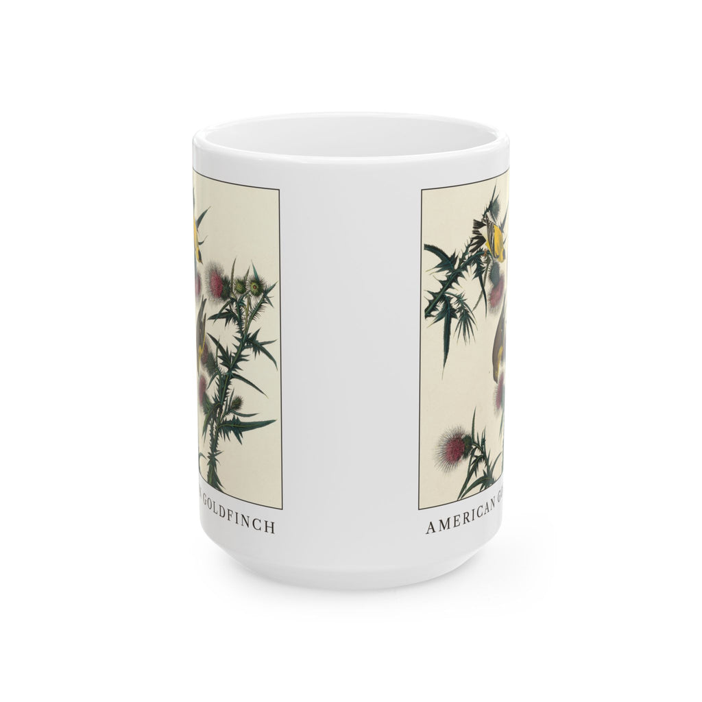 American Goldfinch vintage bird mug, 15oz white, front view showing both sides of the print