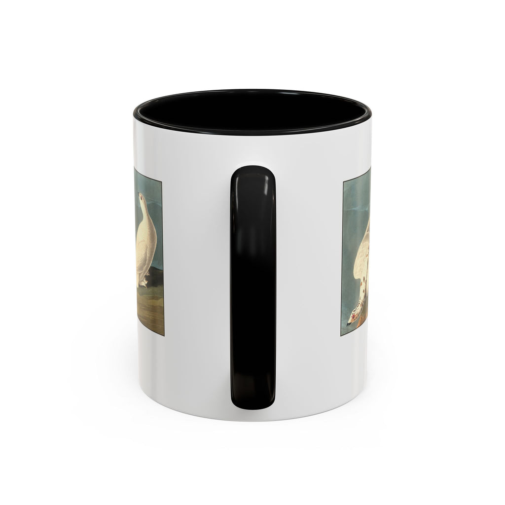 Ptarmigan vintage bird mug, 11oz white with black inside and handle, handle side view