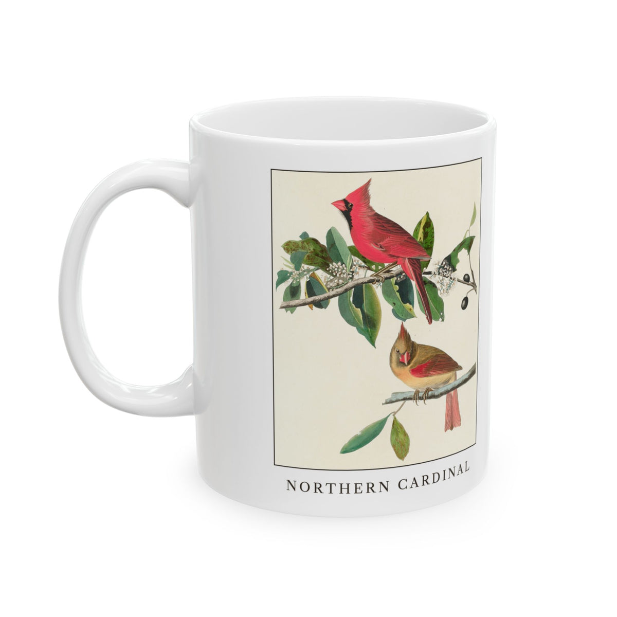 Northern Cardinal vintage bird mug, 11oz white, left side view with the handle on the left
