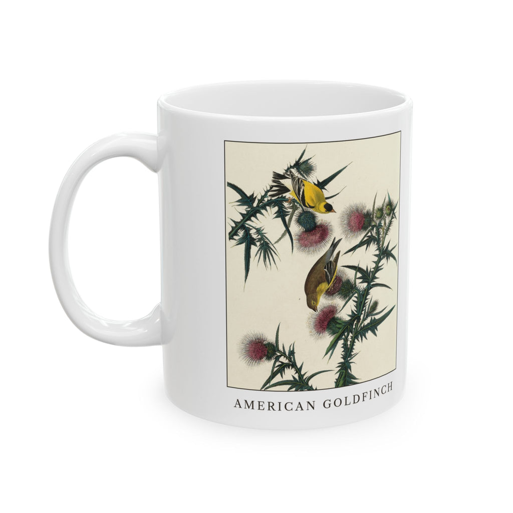 American Goldfinch vintage bird mug, 11oz white, left side view with the handle on the left