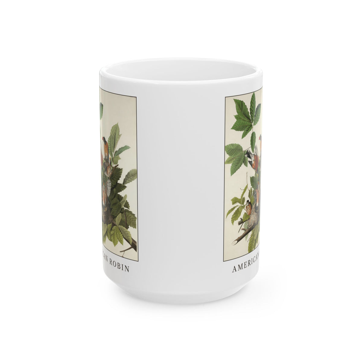 American Robin vintage bird mug, 15oz white, front view showing both sides of the print