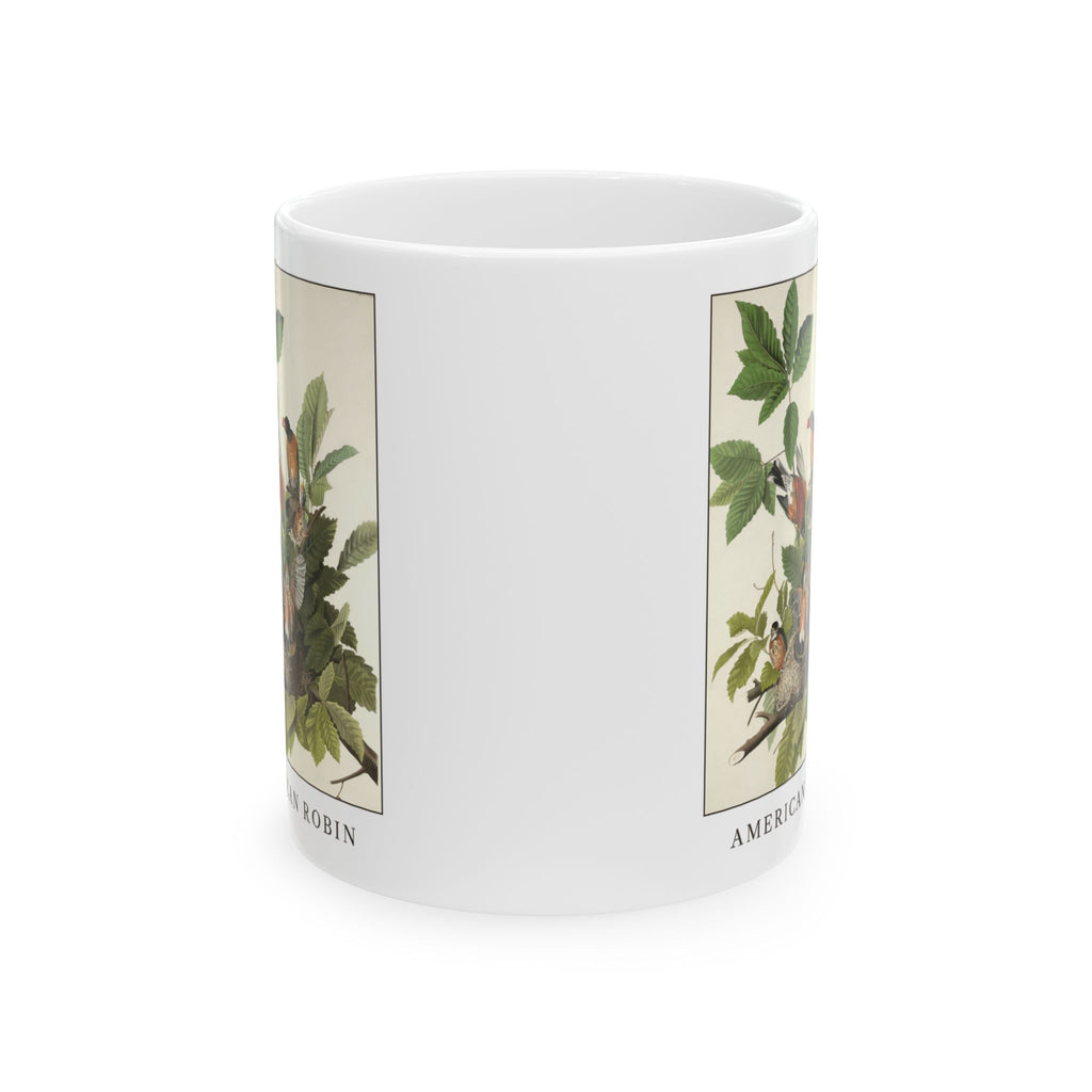 American Robin vintage bird mug, 11oz white, front view showing both sides of the print