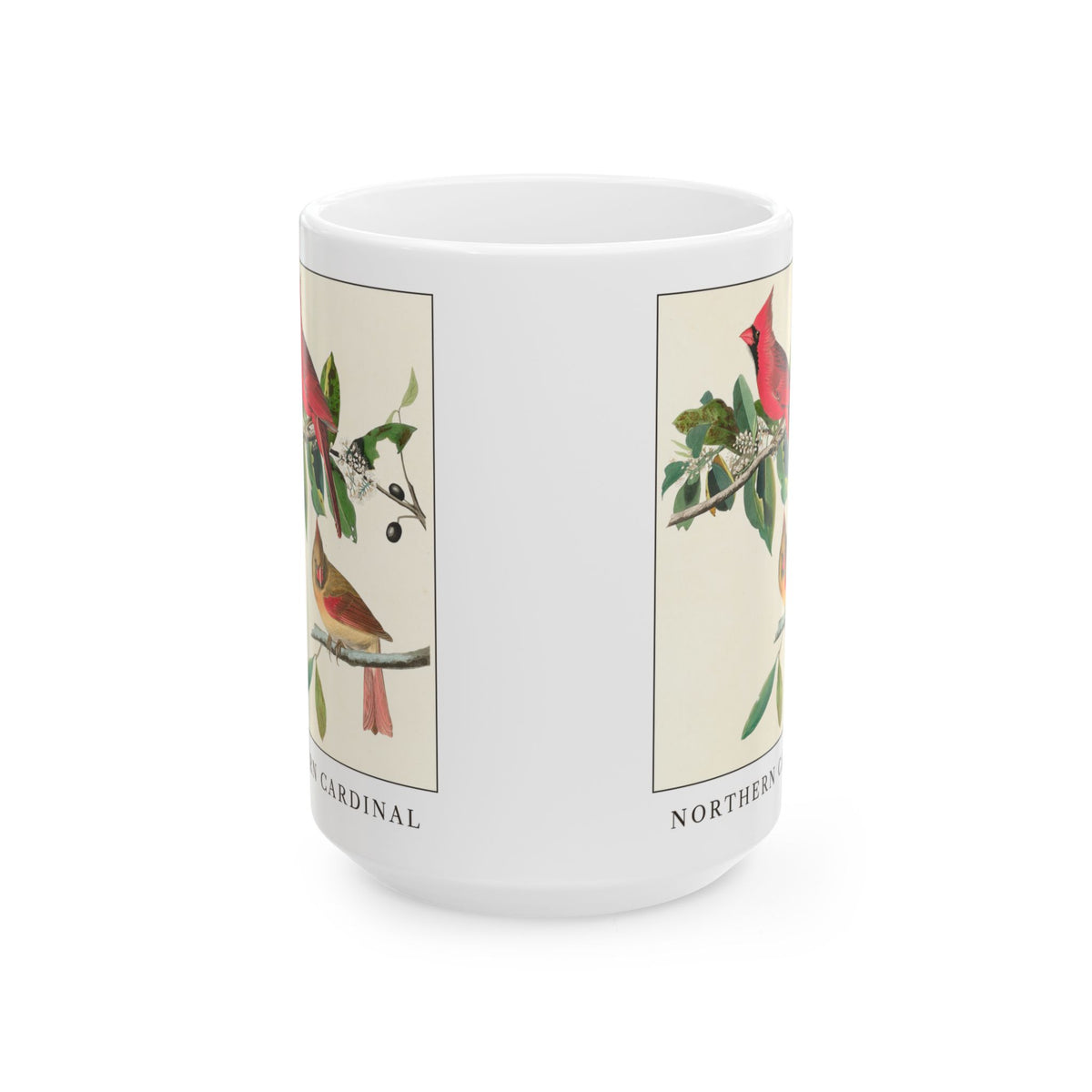 Northern Cardinal vintage bird mug, 15oz white, front view showing both sides of the print