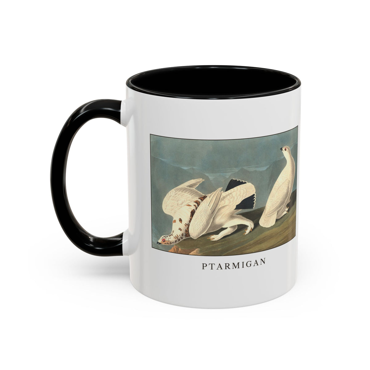 Ptarmigan vintage bird mug, 11oz white with black inside and handle, left side view with the handle on the left