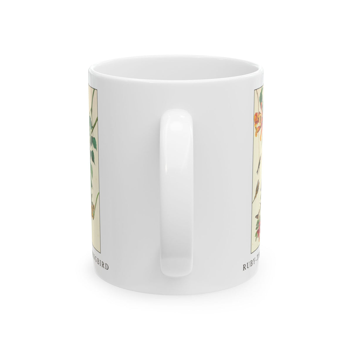 Ruby-throated Hummingbird vintage bird mug, 11oz white, handle side view