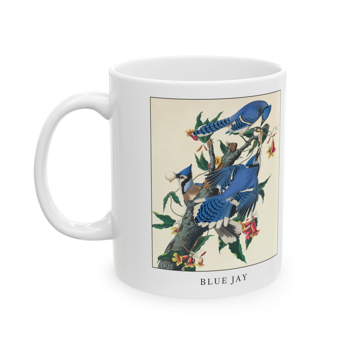 Blue Jay vintage bird mug, 11oz white, left side view with the handle on the left