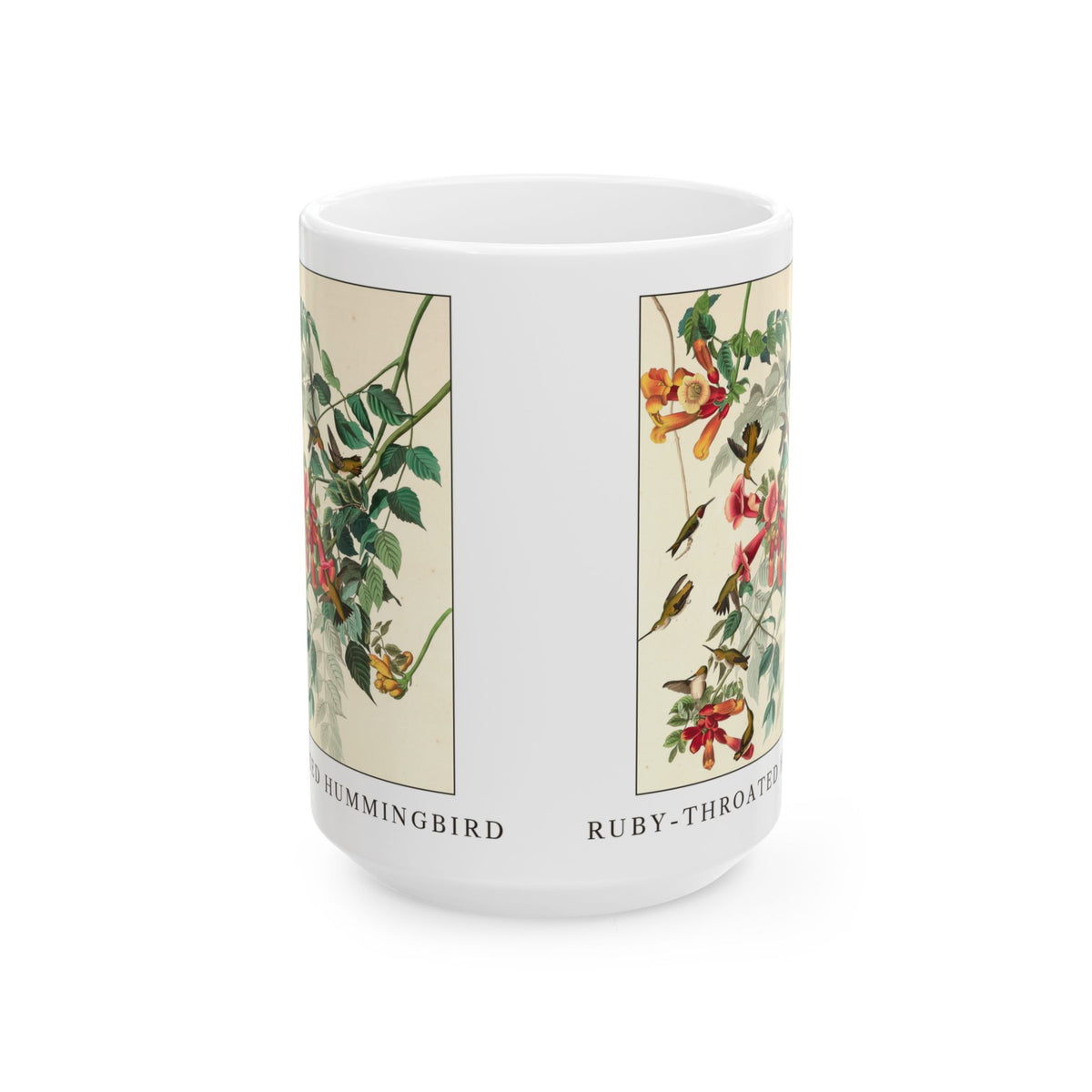 Ruby-throated Hummingbird vintage bird mug, 15oz white, front view showing both sides of the print