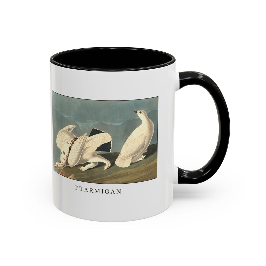 Ptarmigan vintage bird mug, 11oz white with black inside and handle, right side view with the handle on the right