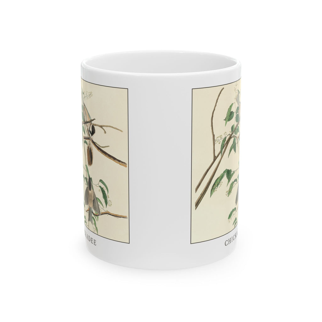 Chickadee vintage bird mug, 11oz white, front view showing both sides of the print