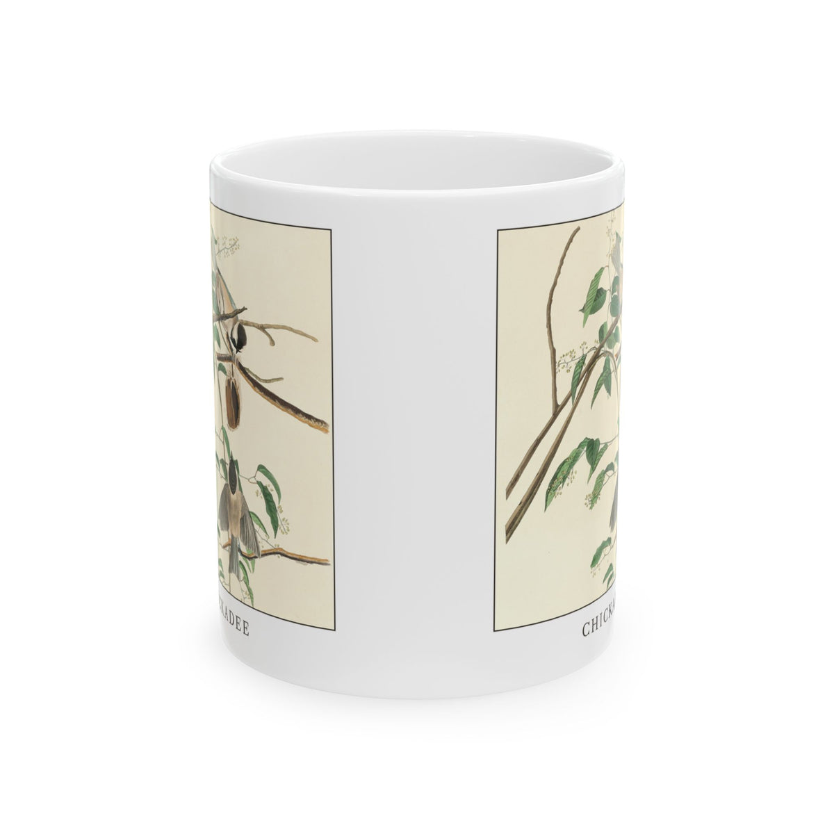 Chickadee vintage bird mug, 11oz white, front view showing both sides of the print