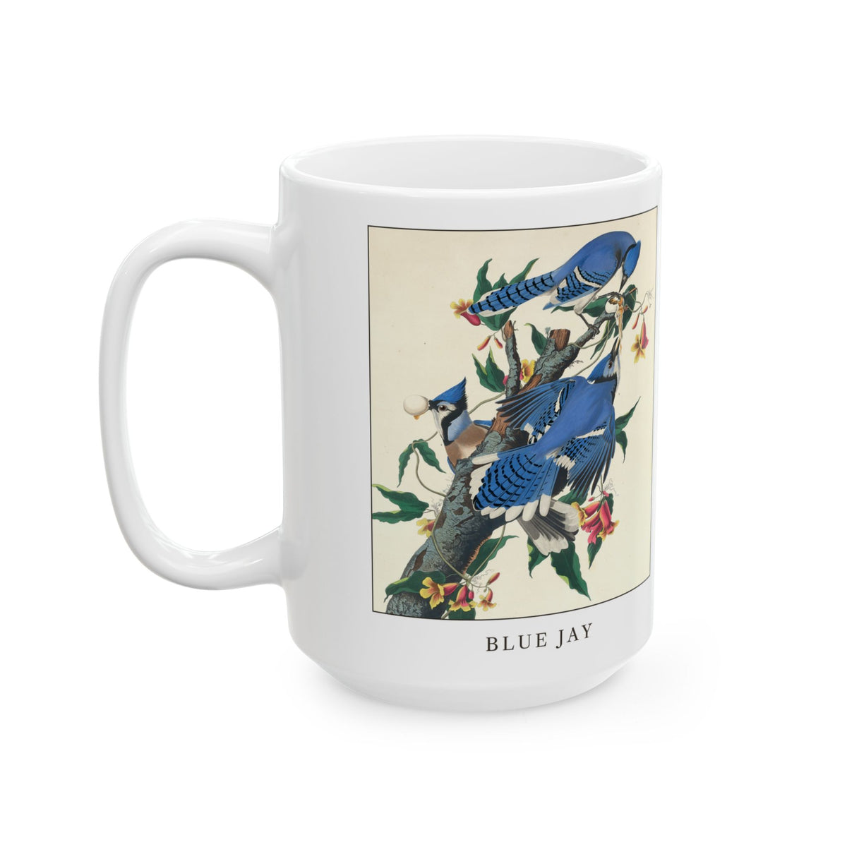 Blue Jay vintage bird mug, 15oz white, left side view with the handle on the left