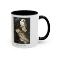 Snowy Owl vintage bird mug, 11oz white with black inside and handle, right side view with the handle on the right