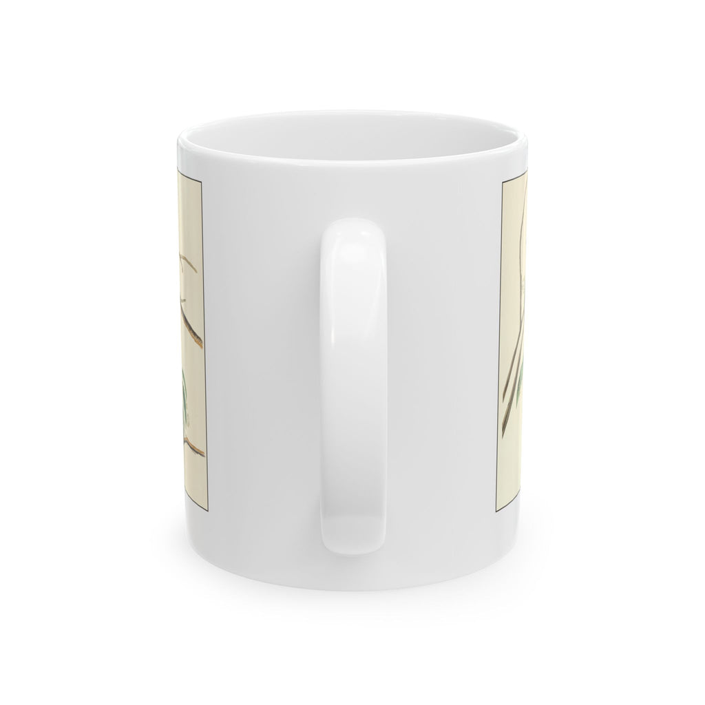 Chickadee vintage bird mug, 11oz white, handle side view