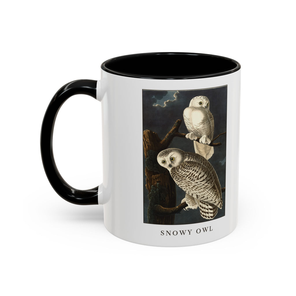 Snowy Owl vintage bird mug, 11oz white with black inside and handle, left side view with the handle on the left