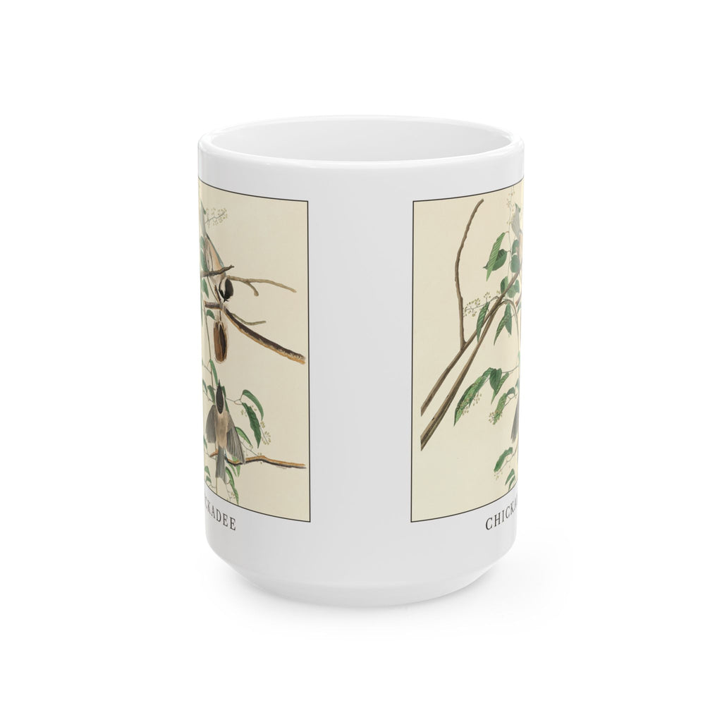 Chickadee vintage bird mug, 15oz white, front view showing both sides of the print
