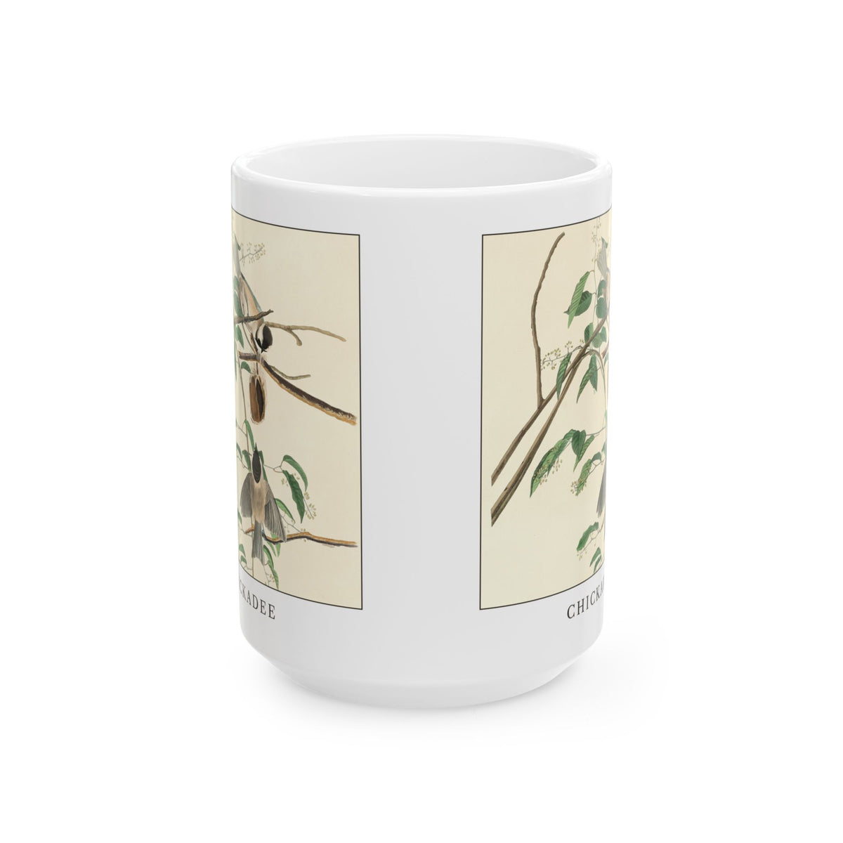 Chickadee vintage bird mug, 15oz white, front view showing both sides of the print