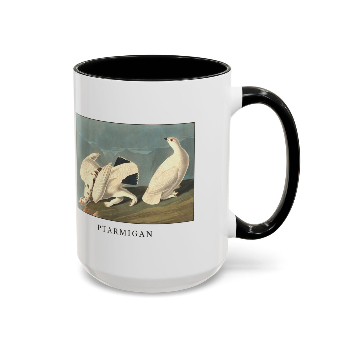 Ptarmigan vintage bird mug, 15oz white with black inside and handle, right side view with the handle on the right