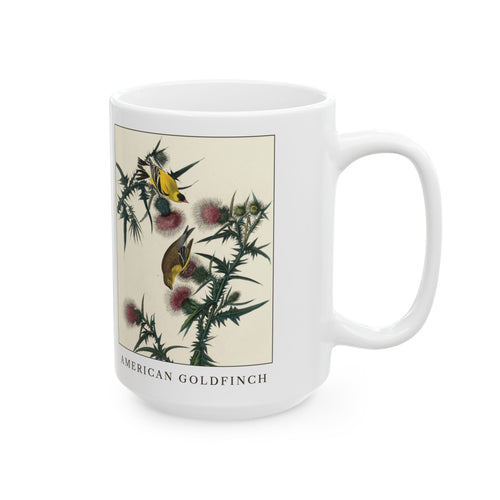 American Goldfinch vintage bird mug, 15oz white, right side view with the handle on the right