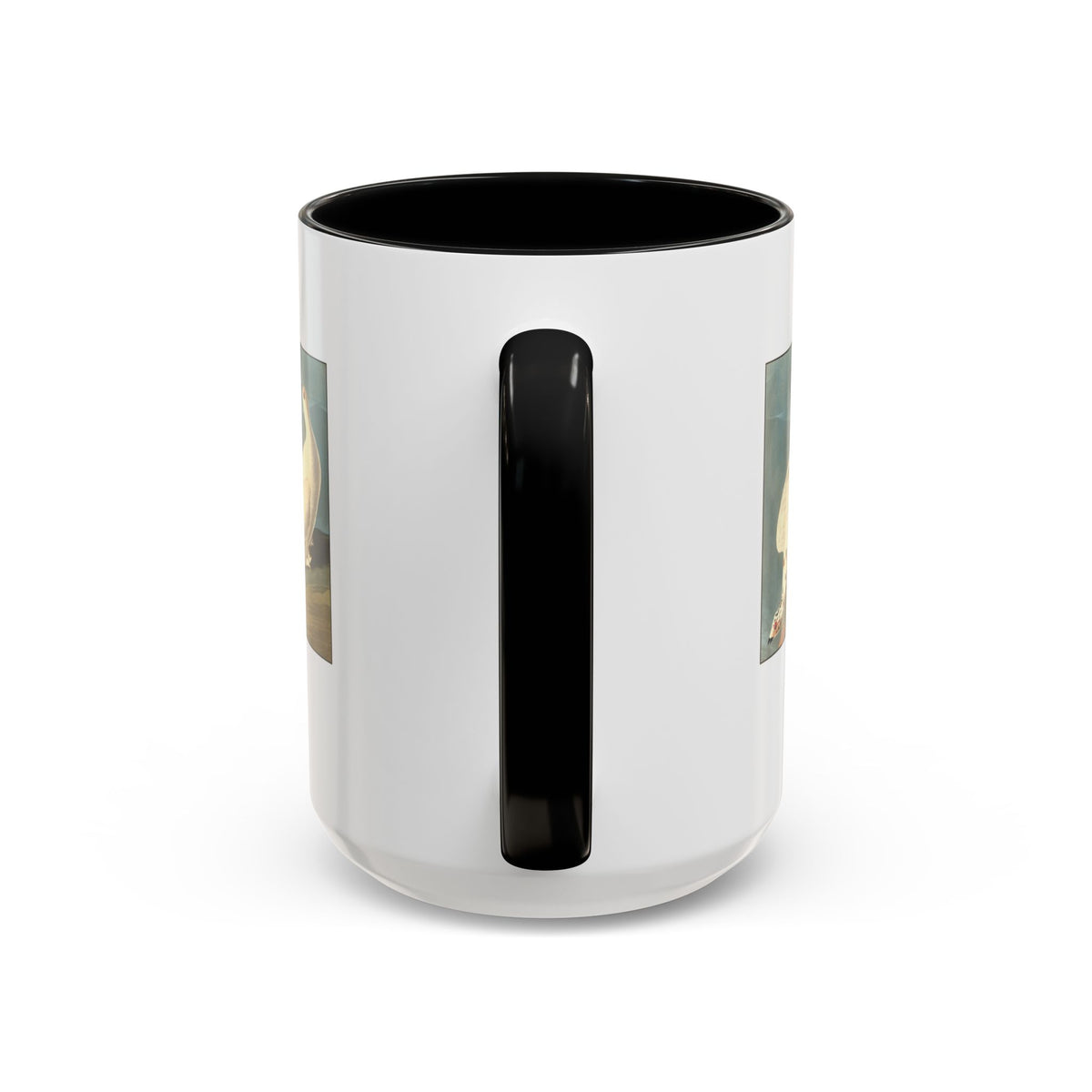 Ptarmigan vintage bird mug, 15oz white with black inside and handle, handle side view