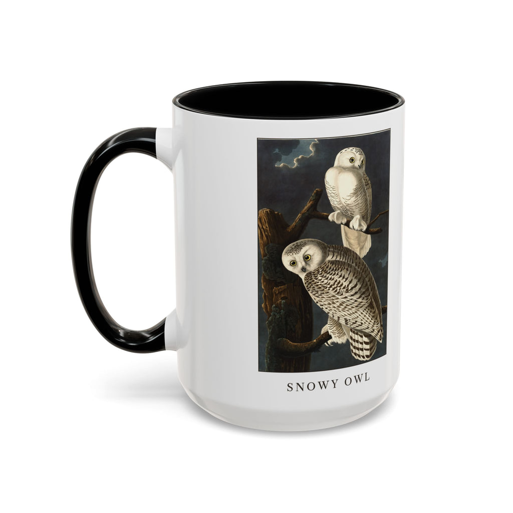 Snowy Owl vintage bird mug, 15oz white with black inside and handle, left side view with the handle on the left
