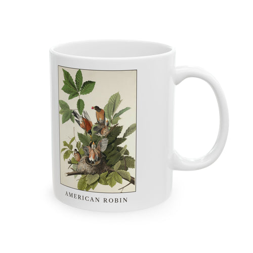 American Robin vintage bird mug, 11oz white, right side view with the handle on the right