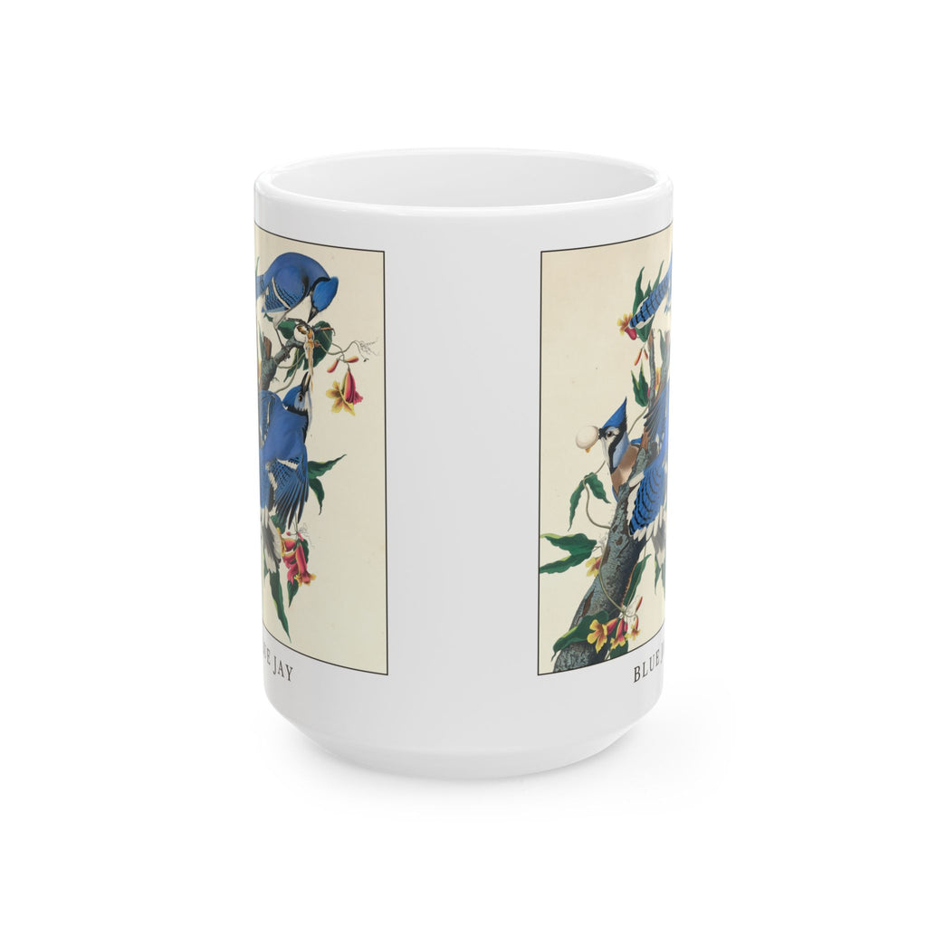 Blue Jay vintage bird mug, 15oz white, front view showing both sides of the print