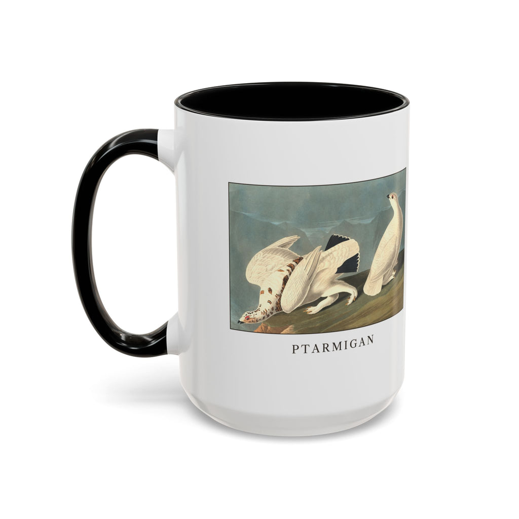 Ptarmigan vintage bird mug, 15oz white with black inside and handle, left side view with the handle on the left