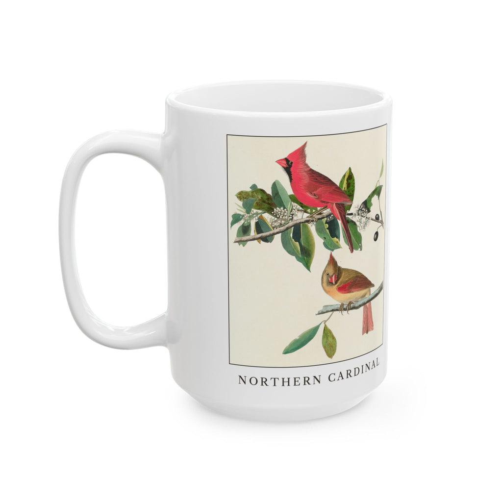 Northern Cardinal vintage bird mug, 15oz white, left side view with the handle on the left