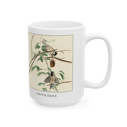 Chickadee vintage bird mug, 15oz white, right side view with the handle on the right