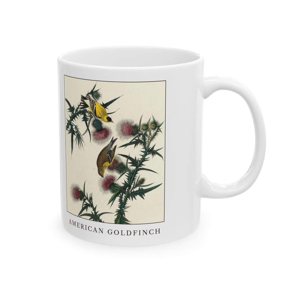 American Goldfinch vintage bird mug, 11oz white, right side view with the handle on the right