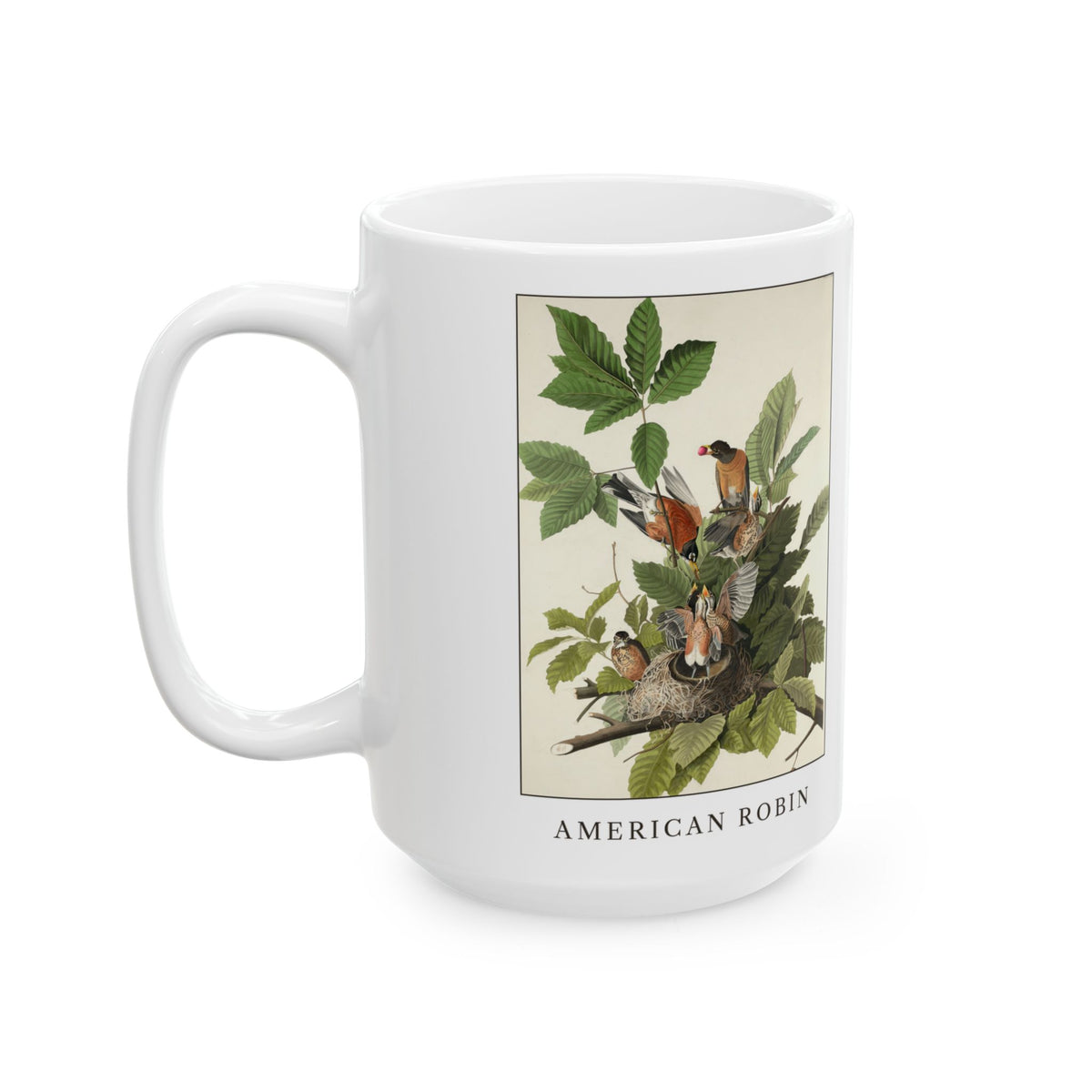 American Robin vintage bird mug, 15oz white, left side view with the handle on the left