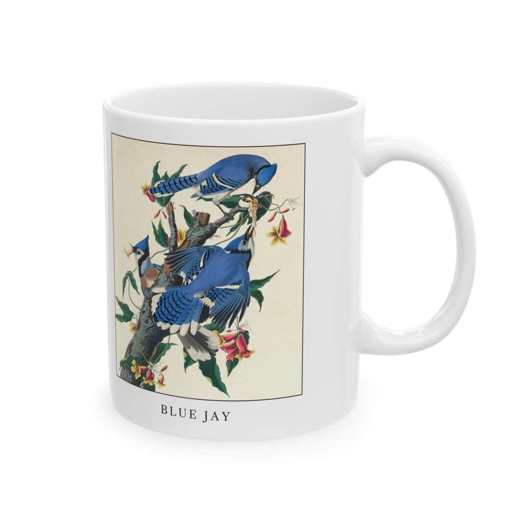 Blue Jay vintage bird mug, 11oz white, right side view with the handle on the right