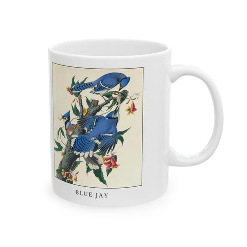 Blue Jay vintage bird mug, 11oz white, right side view with the handle on the right