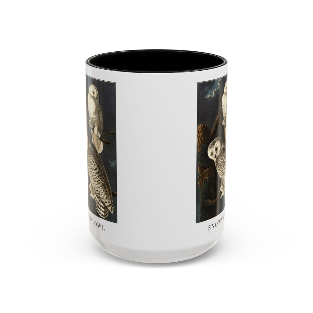 Snowy Owl vintage bird mug, 15oz white with black inside and handle, front view showing both sides of the print