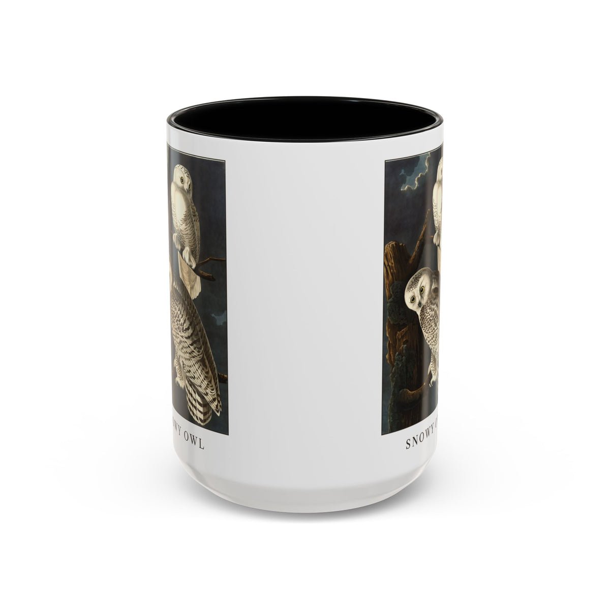 Snowy Owl vintage bird mug, 15oz white with black inside and handle, front view showing both sides of the print