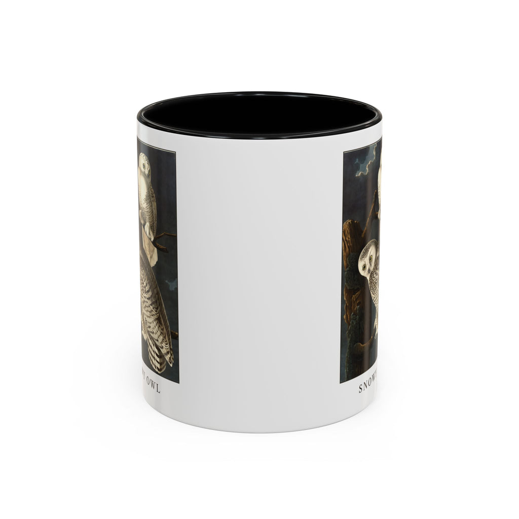 Snowy Owl vintage bird mug, 11oz white with black inside and handle, front view showing both sides of the print