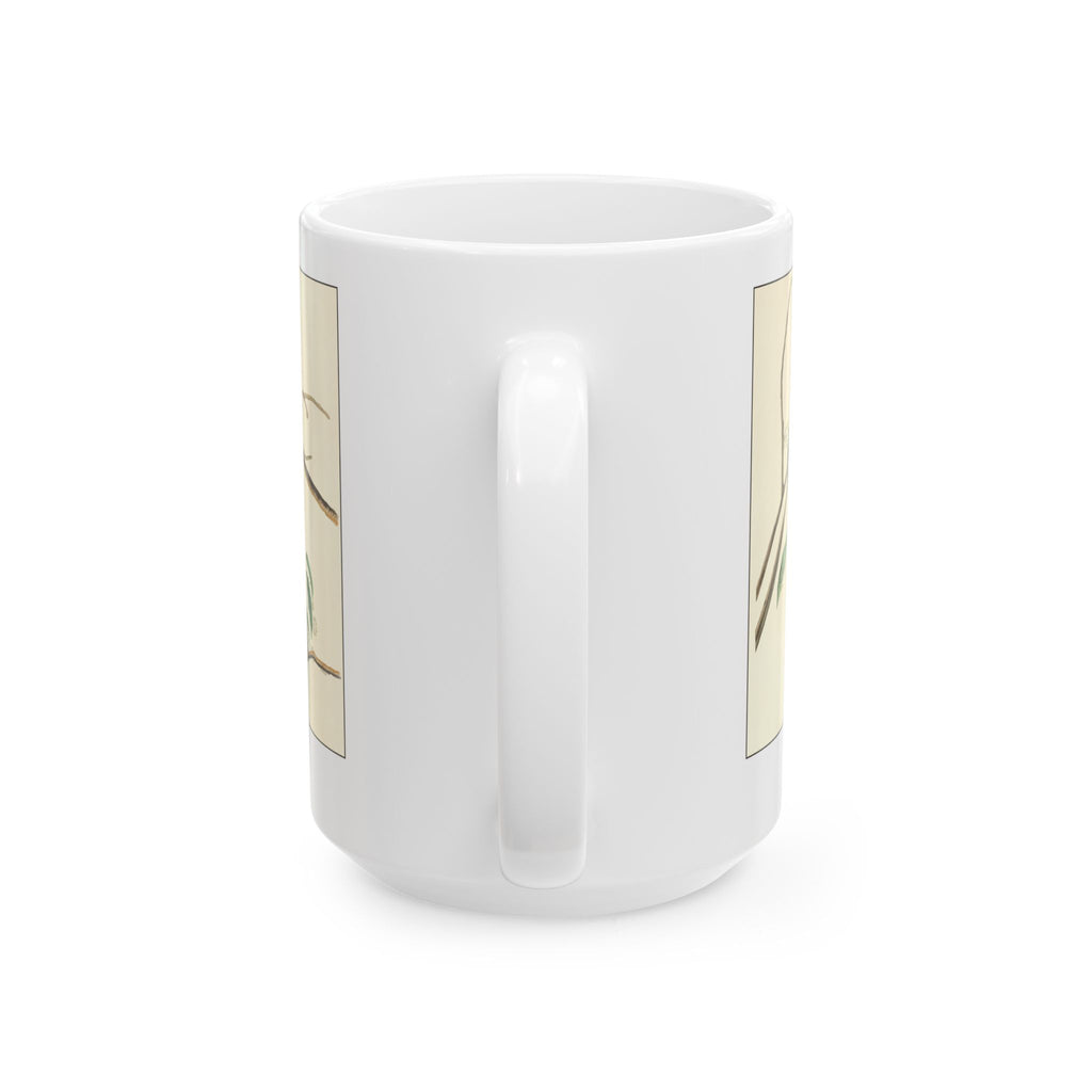 Chickadee vintage bird mug, 15oz white, handle side view