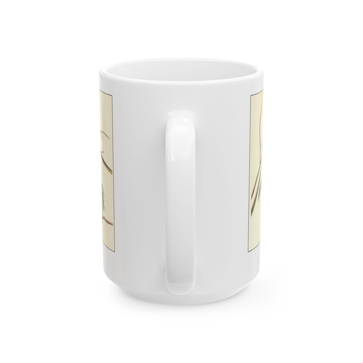 Chickadee vintage bird mug, 15oz white, handle side view